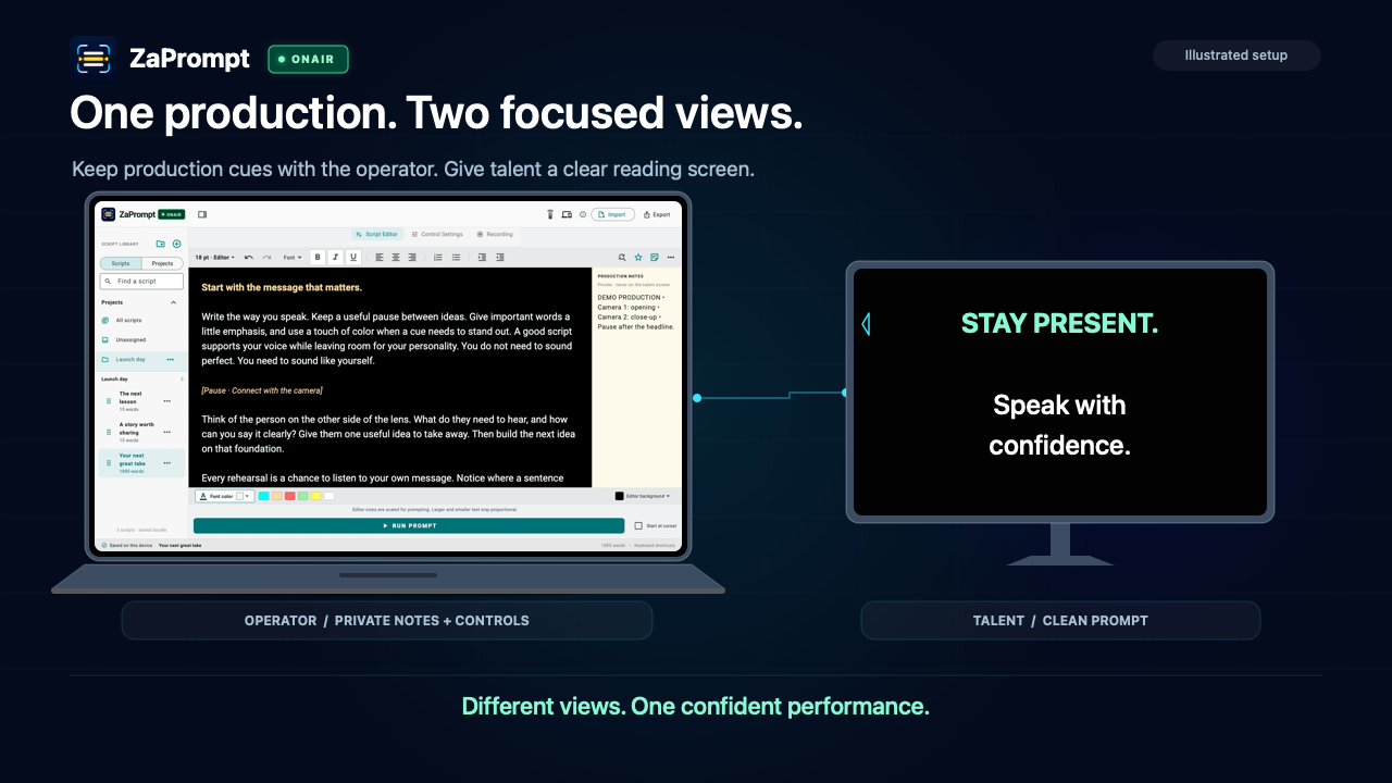 Illustration comparing an operator laptop with private notes and controls against a clean talent display showing only the script.